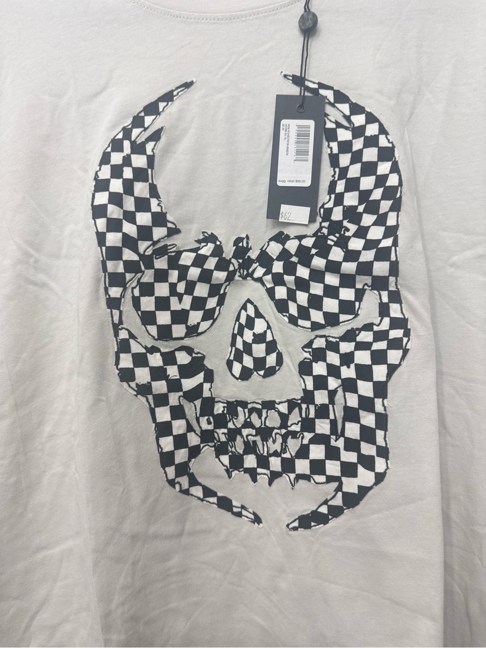 John Varvatos Cream Short-Sleeve Tee with Black Checkered Skull - Picture 2 of 4
